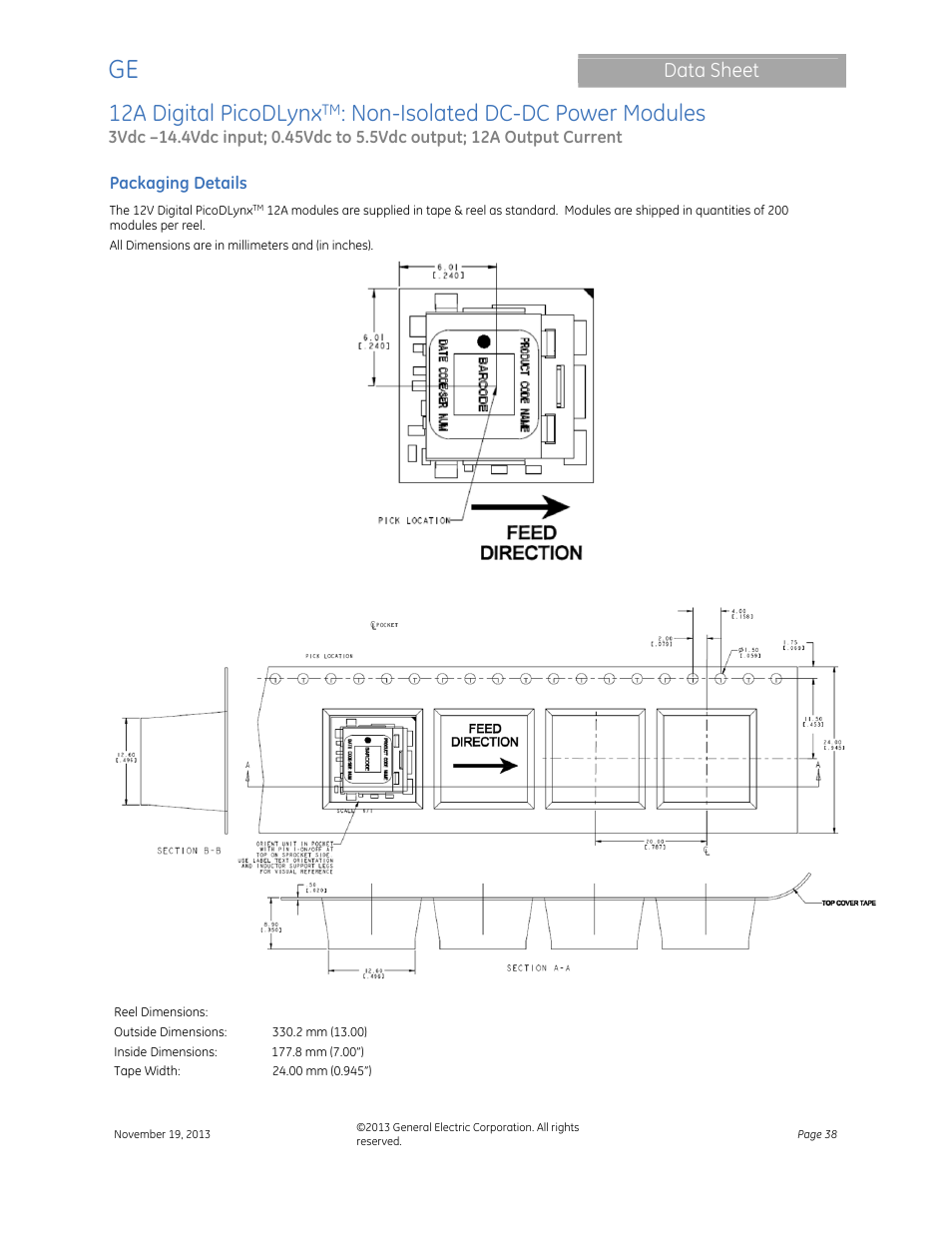 12a digital picodlynx, Non-isolated dc-dc power modules, Data sheet | GE Industrial Solutions 12A Digital PicoDLynx User Manual | Page 38 / 40
