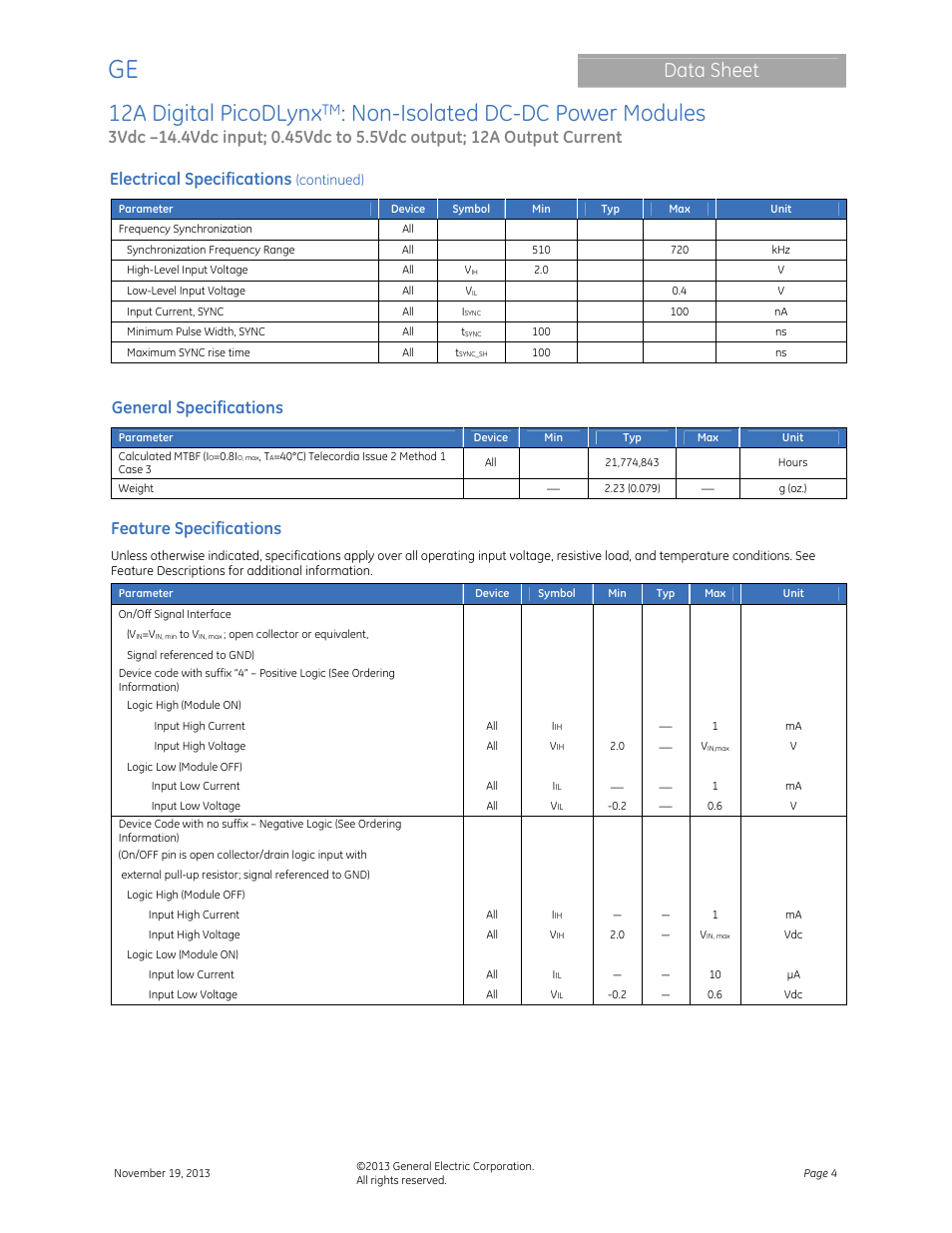 12a digital picodlynx, Non-isolated dc-dc power modules, Data sheet | Electrical specifications, General specifications, Feature specifications | GE Industrial Solutions 12A Digital PicoDLynx User Manual | Page 4 / 40