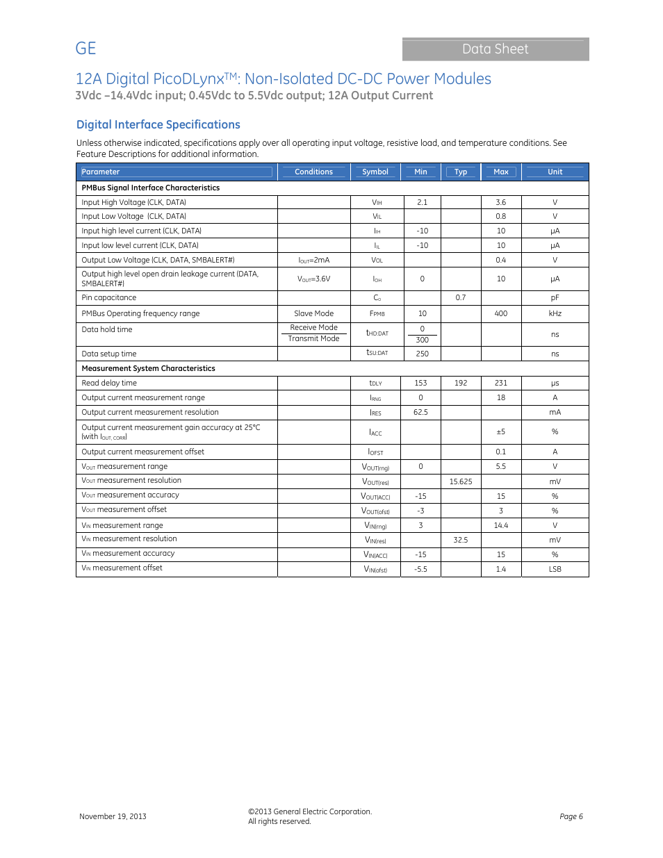 12a digital picodlynx, Non-isolated dc-dc power modules, Data sheet | Digital interface specifications | GE Industrial Solutions 12A Digital PicoDLynx User Manual | Page 6 / 40