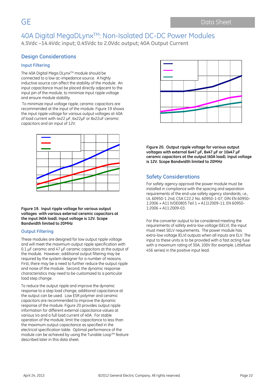 40a digital megadlynx, Non-isolated dc-dc power modules, Data sheet | Design considerations, Safety considerations | GE Industrial Solutions 40A Digital MegaDLynx User Manual | Page 10 / 36