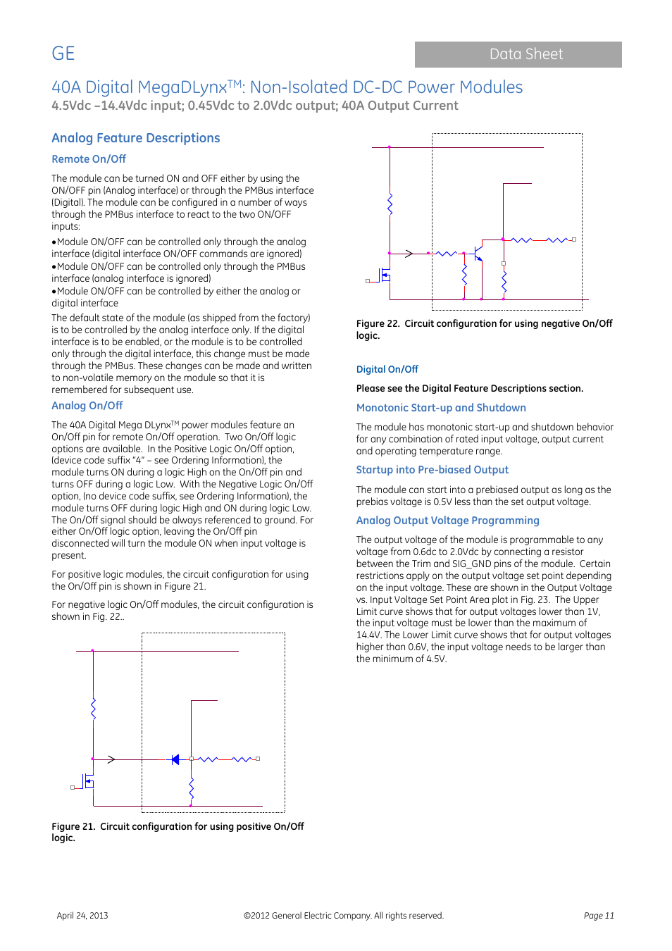 40a digital megadlynx, Non-isolated dc-dc power modules, Data sheet | Analog feature descriptions | GE Industrial Solutions 40A Digital MegaDLynx User Manual | Page 11 / 36