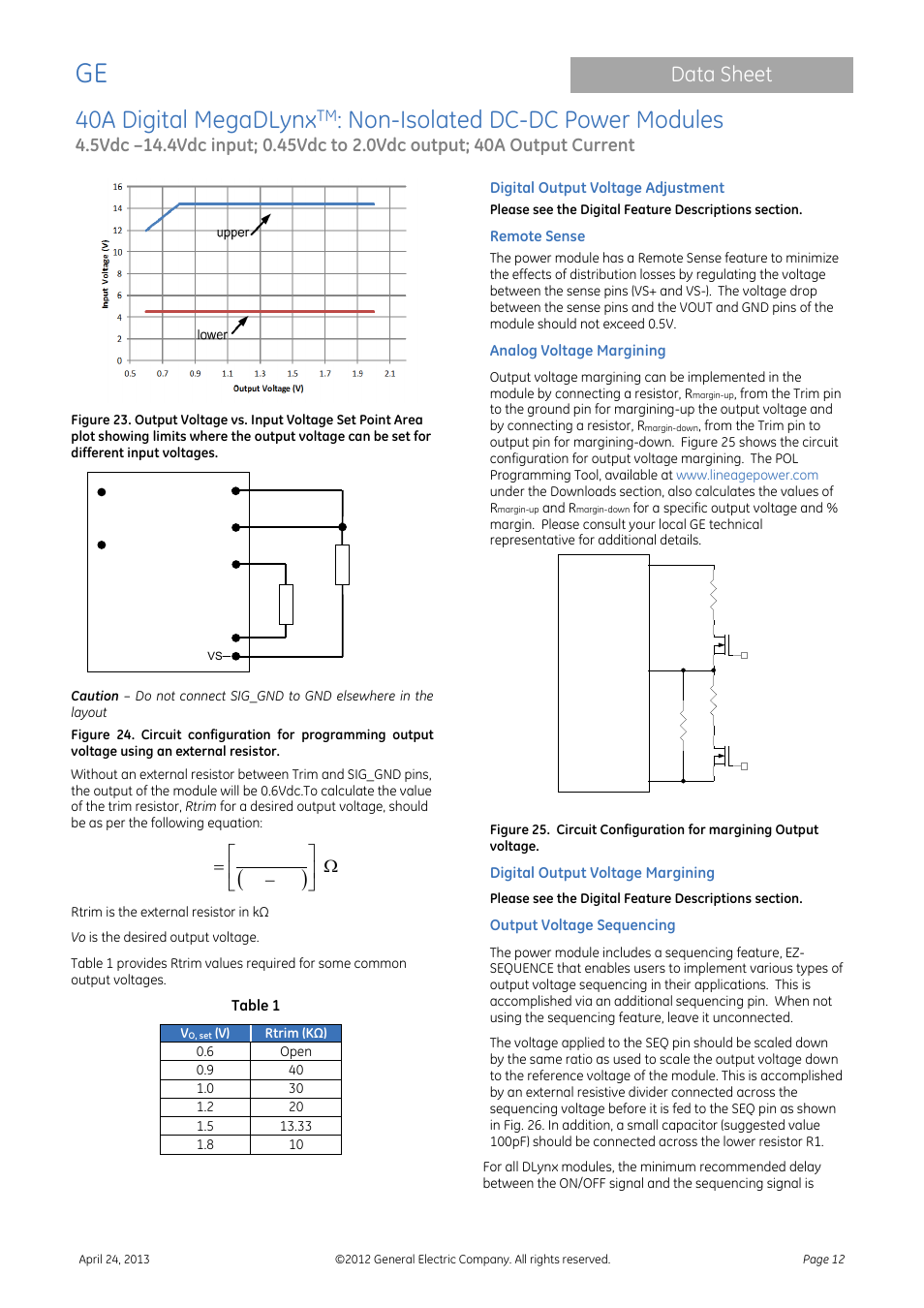 40a digital megadlynx, Non-isolated dc-dc power modules, Data sheet | GE Industrial Solutions 40A Digital MegaDLynx User Manual | Page 12 / 36