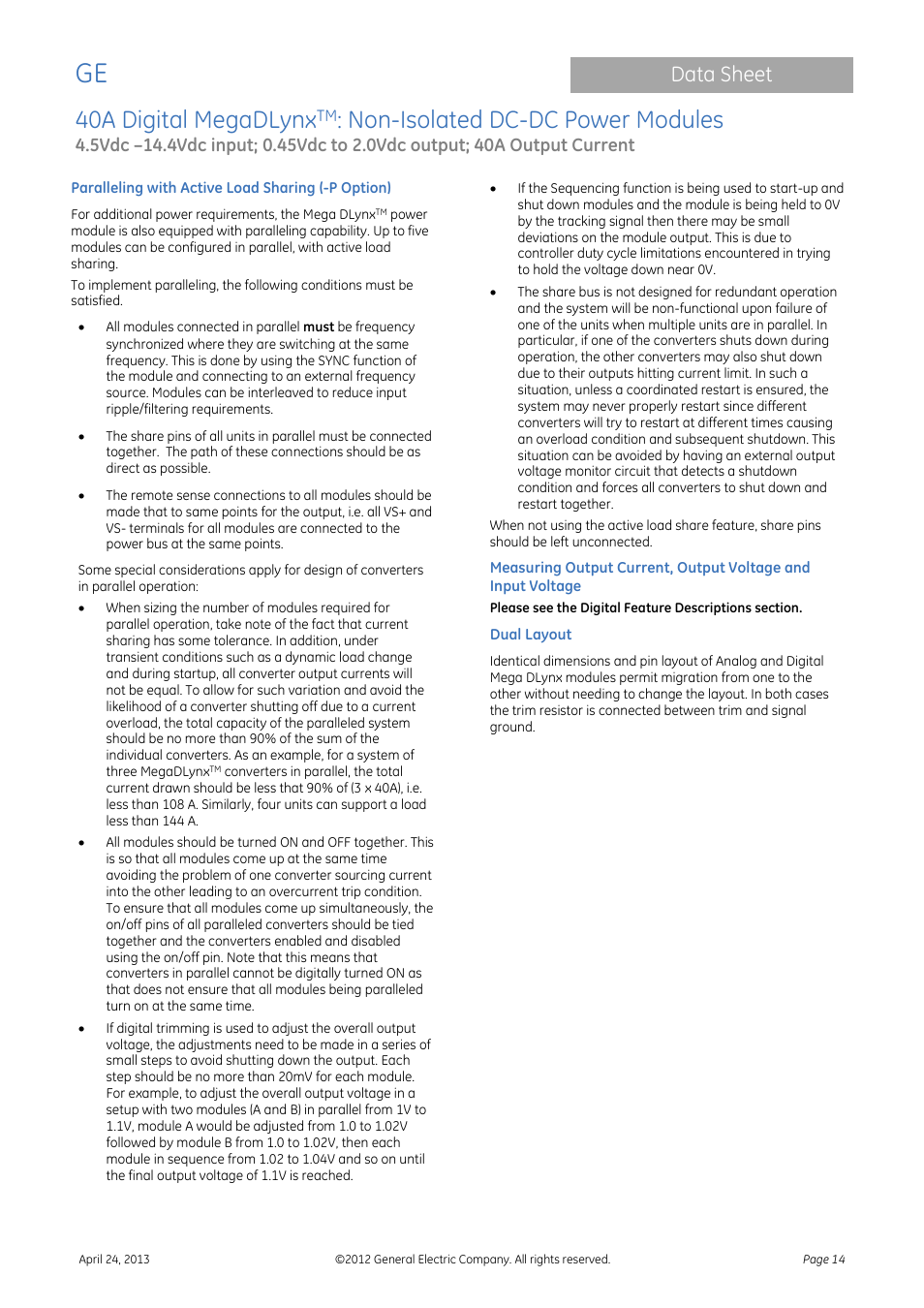 40a digital megadlynx, Non-isolated dc-dc power modules, Data sheet | GE Industrial Solutions 40A Digital MegaDLynx User Manual | Page 14 / 36
