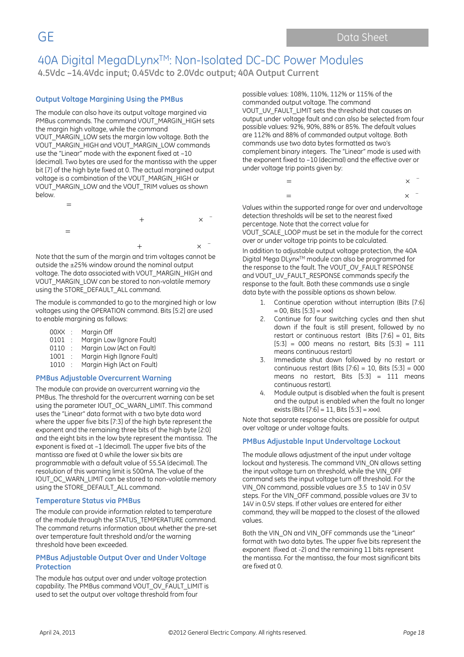 40a digital megadlynx, Non-isolated dc-dc power modules, Data sheet | GE Industrial Solutions 40A Digital MegaDLynx User Manual | Page 18 / 36