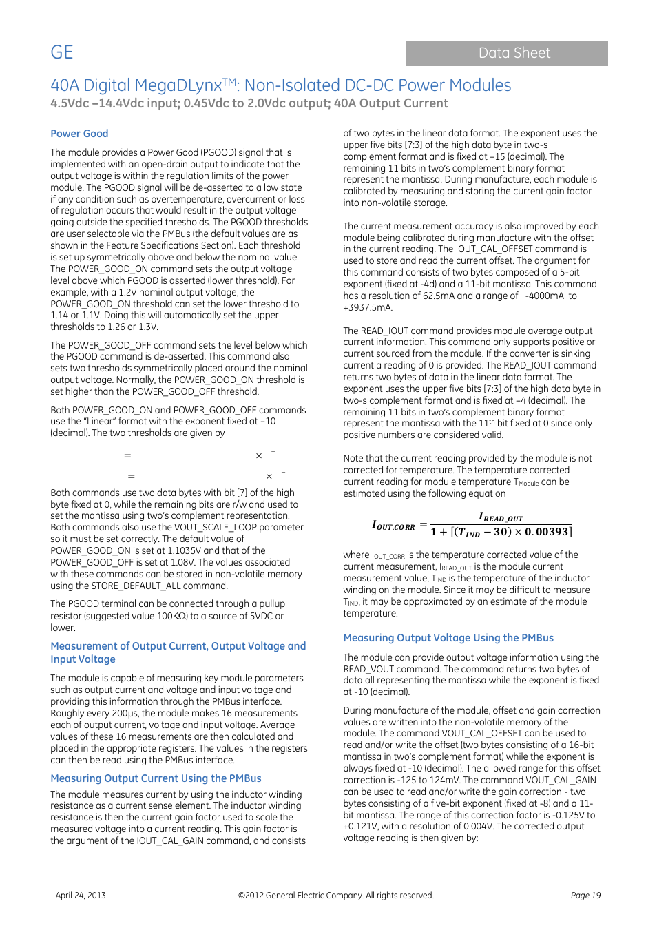 40a digital megadlynx, Non-isolated dc-dc power modules, Data sheet | GE Industrial Solutions 40A Digital MegaDLynx User Manual | Page 19 / 36