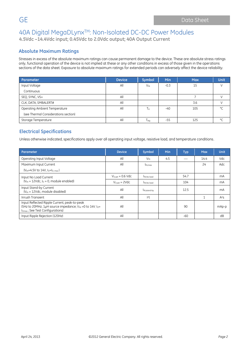 40a digital megadlynx, Non-isolated dc-dc power modules, Data sheet | Absolute maximum ratings, Electrical specifications | GE Industrial Solutions 40A Digital MegaDLynx User Manual | Page 2 / 36