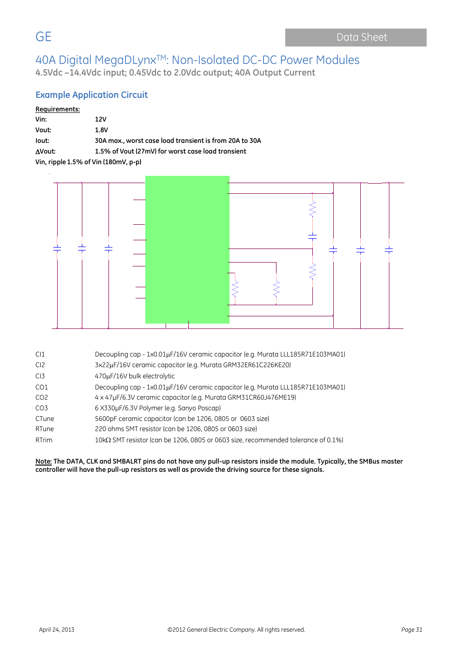 40a digital megadlynx, Non-isolated dc-dc power modules, Module | Data sheet, Example application circuit | GE Industrial Solutions 40A Digital MegaDLynx User Manual | Page 31 / 36