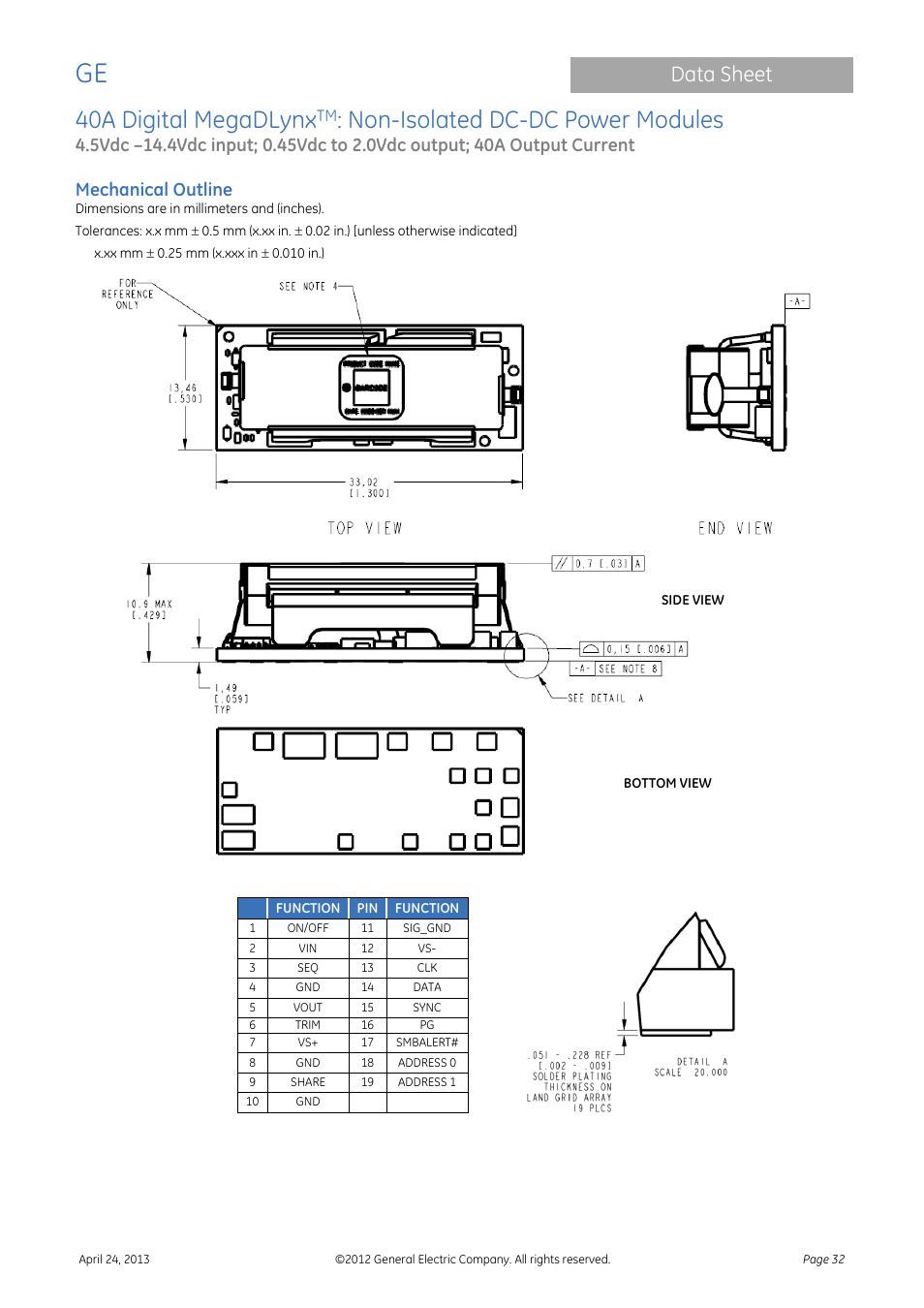 40a digital megadlynx, Non-isolated dc-dc power modules, Data sheet | Mechanical outline | GE Industrial Solutions 40A Digital MegaDLynx User Manual | Page 32 / 36