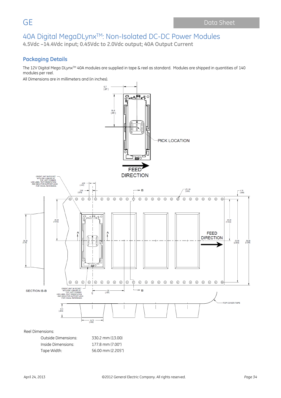 40a digital megadlynx, Non-isolated dc-dc power modules, Data sheet | Packaging details | GE Industrial Solutions 40A Digital MegaDLynx User Manual | Page 34 / 36