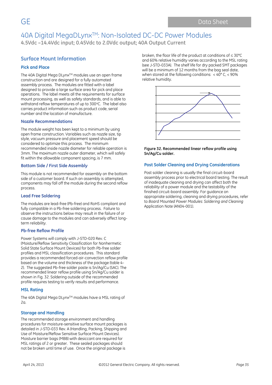 40a digital megadlynx, Non-isolated dc-dc power modules, Data sheet | Surface mount information | GE Industrial Solutions 40A Digital MegaDLynx User Manual | Page 35 / 36