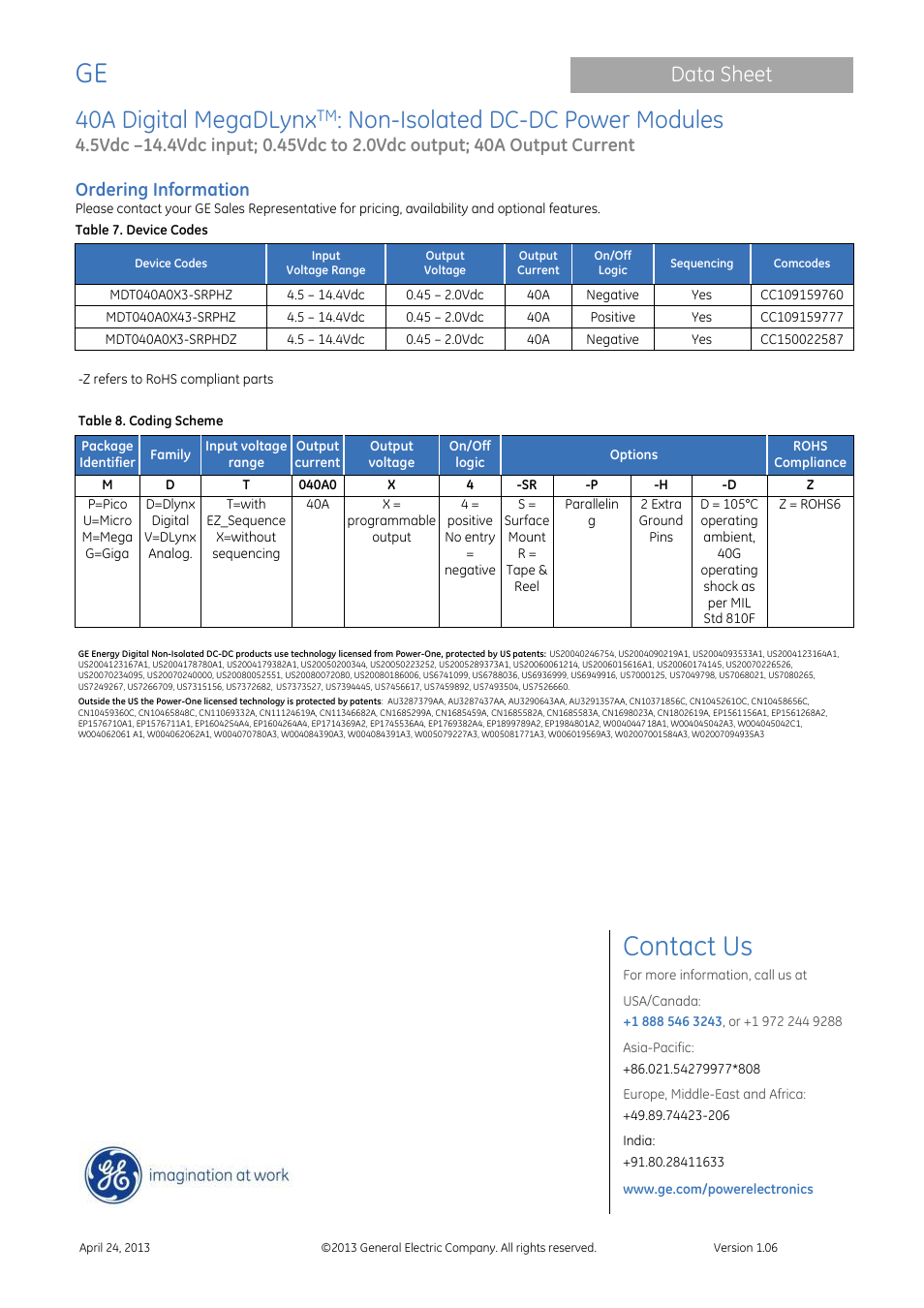 Contact us, 40a digital megadlynx, Non-isolated dc-dc power modules | Data sheet, Ordering information | GE Industrial Solutions 40A Digital MegaDLynx User Manual | Page 36 / 36