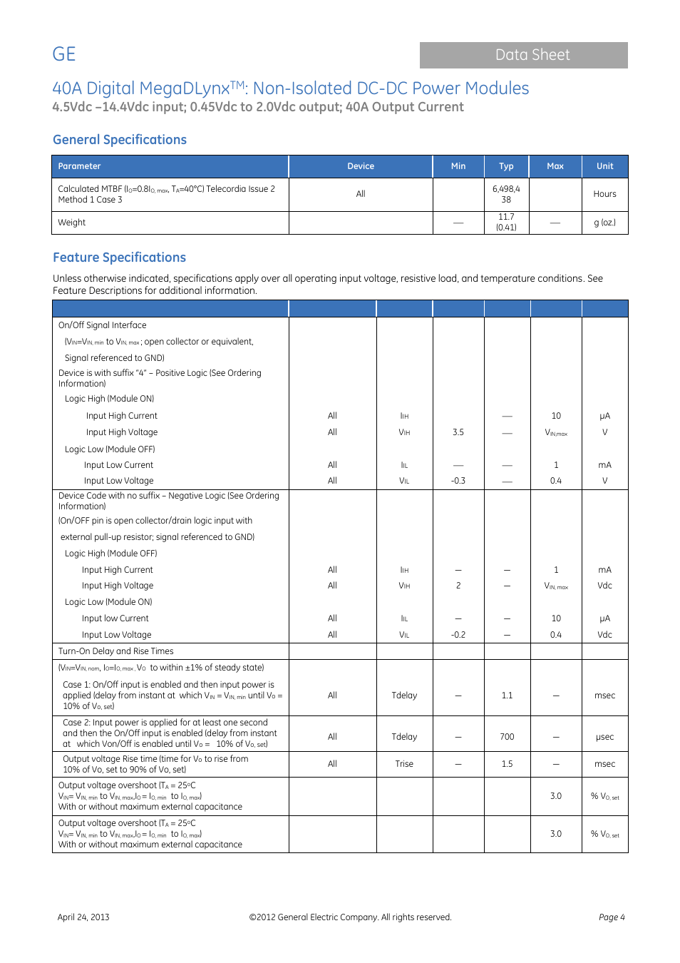 40a digital megadlynx, Non-isolated dc-dc power modules, Data sheet | General specifications, Feature specifications | GE Industrial Solutions 40A Digital MegaDLynx User Manual | Page 4 / 36