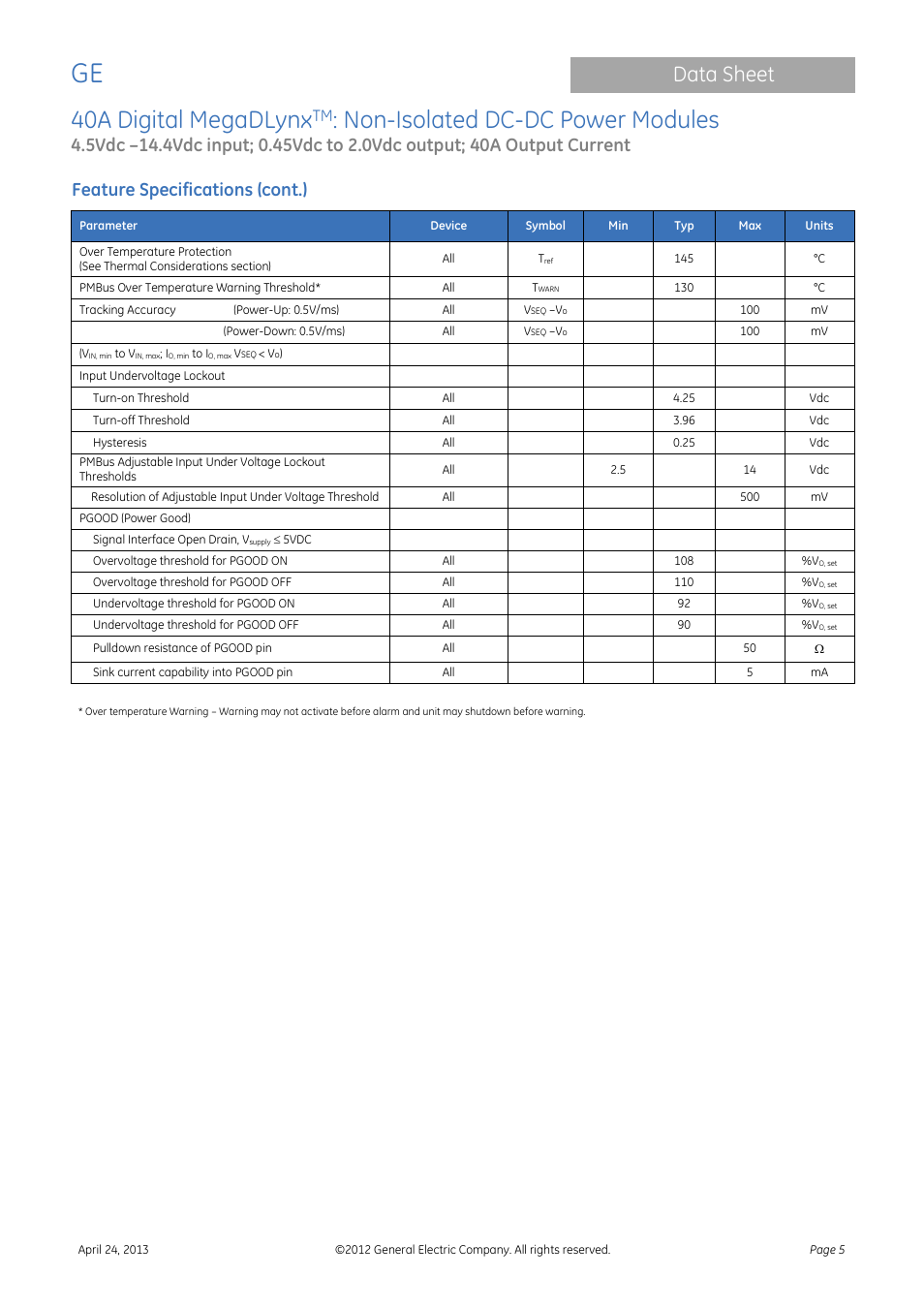 40a digital megadlynx, Non-isolated dc-dc power modules, Data sheet | Feature specifications (cont.) | GE Industrial Solutions 40A Digital MegaDLynx User Manual | Page 5 / 36