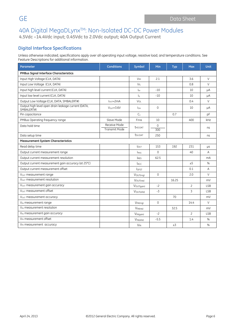 40a digital megadlynx, Non-isolated dc-dc power modules, Data sheet | Digital interface specifications | GE Industrial Solutions 40A Digital MegaDLynx User Manual | Page 6 / 36