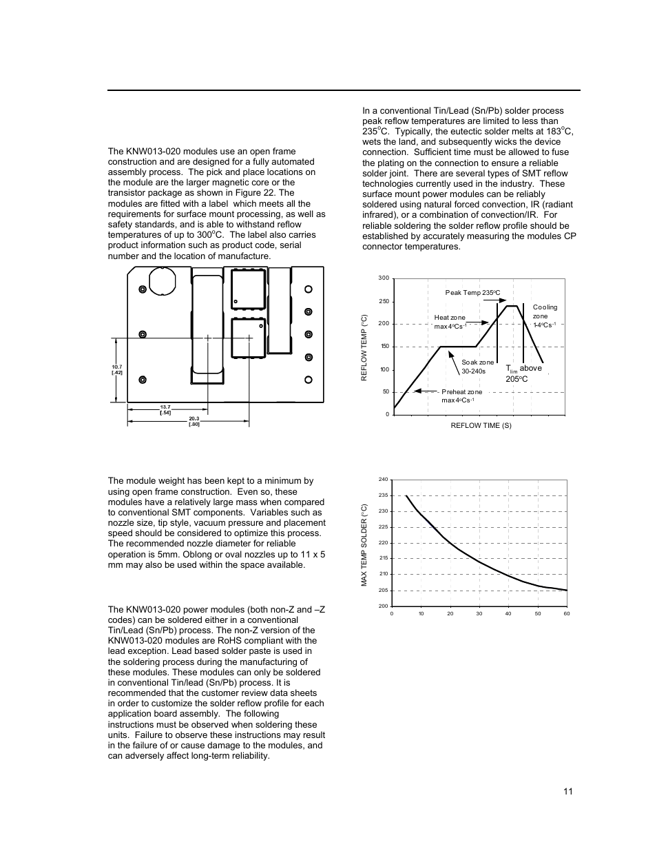 Surface mount information, Input; 3.3 to 5.0v, Output; 13 to 20a output current | Pick and place, Nozzle recommendations, Tin lead soldering | GE Industrial Solutions KNW013-020 (Sixteenth-Brick) User Manual | Page 11 / 17