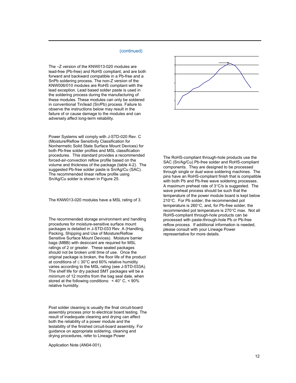 Surface mount information, Through-hole lead-free soldering information, Input; 3.3 to 5.0v | Output; 13 to 20a output current | GE Industrial Solutions KNW013-020 (Sixteenth-Brick) User Manual | Page 12 / 17