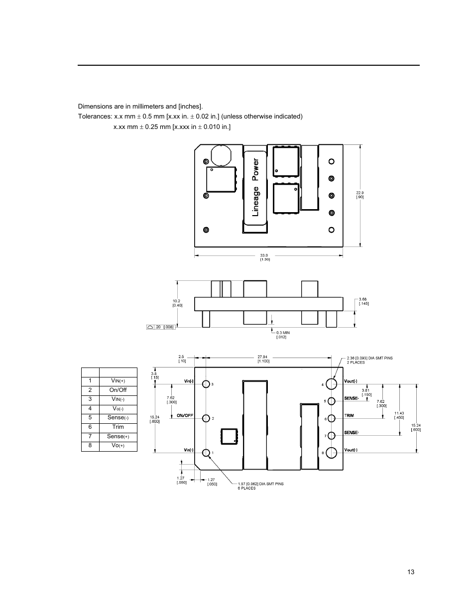 Mechanical outline for surface mount module, Top view, Bottom view | GE Industrial Solutions KNW013-020 (Sixteenth-Brick) User Manual | Page 13 / 17