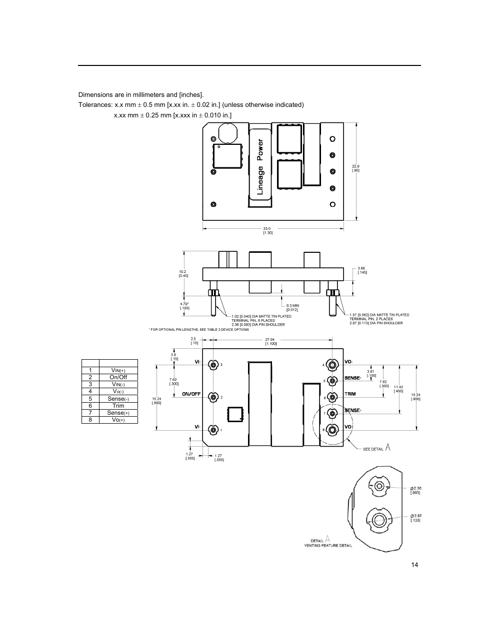 Mechanical outline for through-hole module, Top view, Side view | Bottom view | GE Industrial Solutions KNW013-020 (Sixteenth-Brick) User Manual | Page 14 / 17