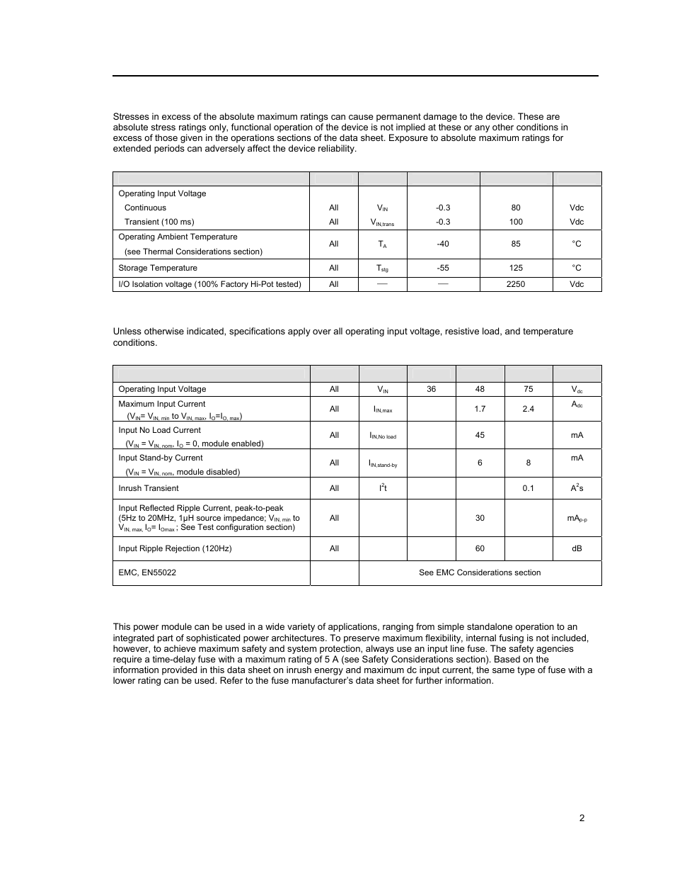 Absolute maximum ratings, Electrical specifications, Input; 3.3 to 5.0v | Output; 13 to 20a output current | GE Industrial Solutions KNW013-020 (Sixteenth-Brick) User Manual | Page 2 / 17