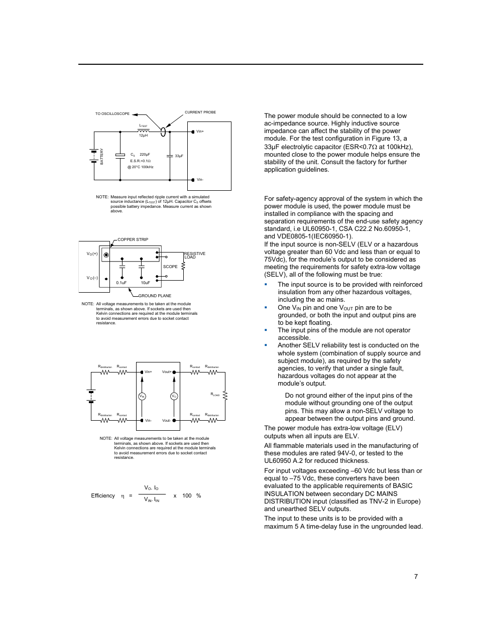 Test configurations, Design considerations, Safety considerations | Input; 3.3 to 5.0v, Output; 13 to 20a output current, Input filtering, Lineage power 7, Figure 14. output ripple and noise test setup, Pin and one v | GE Industrial Solutions KNW013-020 (Sixteenth-Brick) User Manual | Page 7 / 17