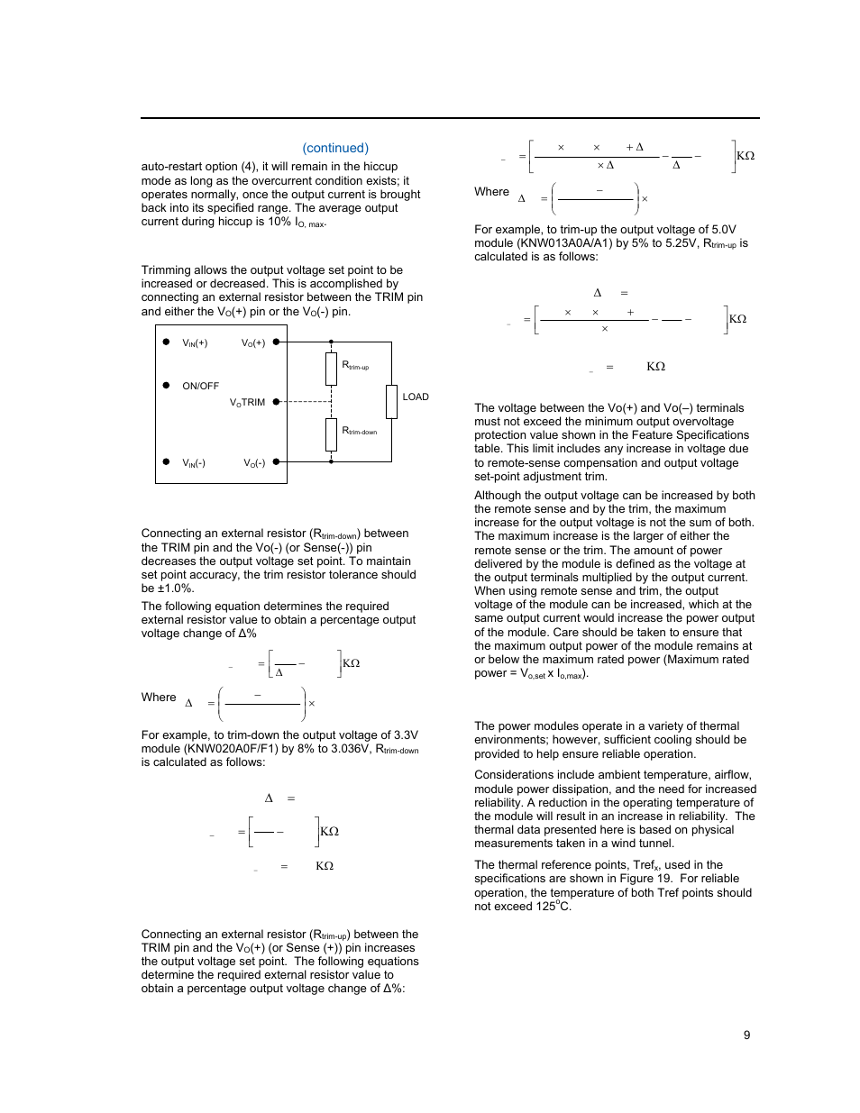 Feature descriptions, Thermal considerations, Input; 3.3 to 5.0v | Output; 13 to 20a output current | GE Industrial Solutions KNW013-020 (Sixteenth-Brick) User Manual | Page 9 / 17