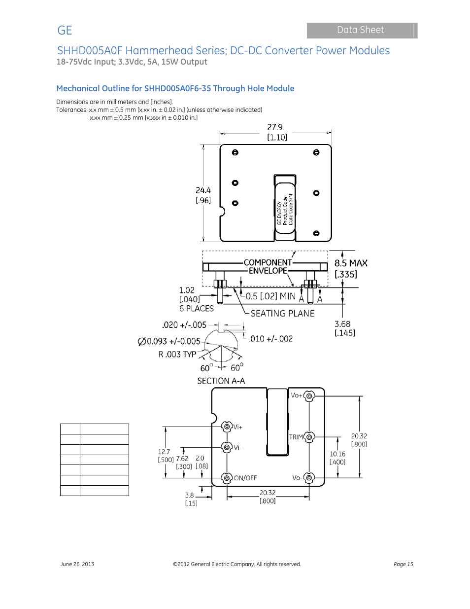 Data sheet | GE Industrial Solutions SHHD005A0F Hammerhead Series User Manual | Page 15 / 16