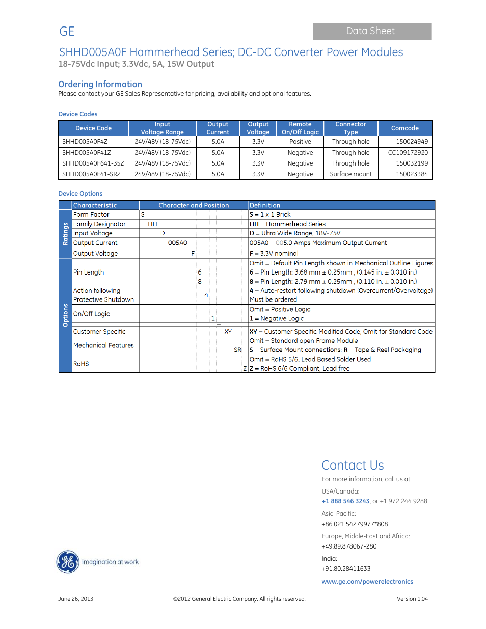 Contact us, Data sheet | GE Industrial Solutions SHHD005A0F Hammerhead Series User Manual | Page 16 / 16