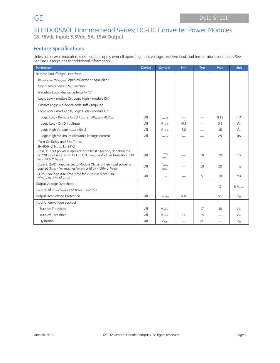Data sheet, Feature specifications | GE Industrial Solutions SHHD005A0F Hammerhead Series User Manual | Page 4 / 16