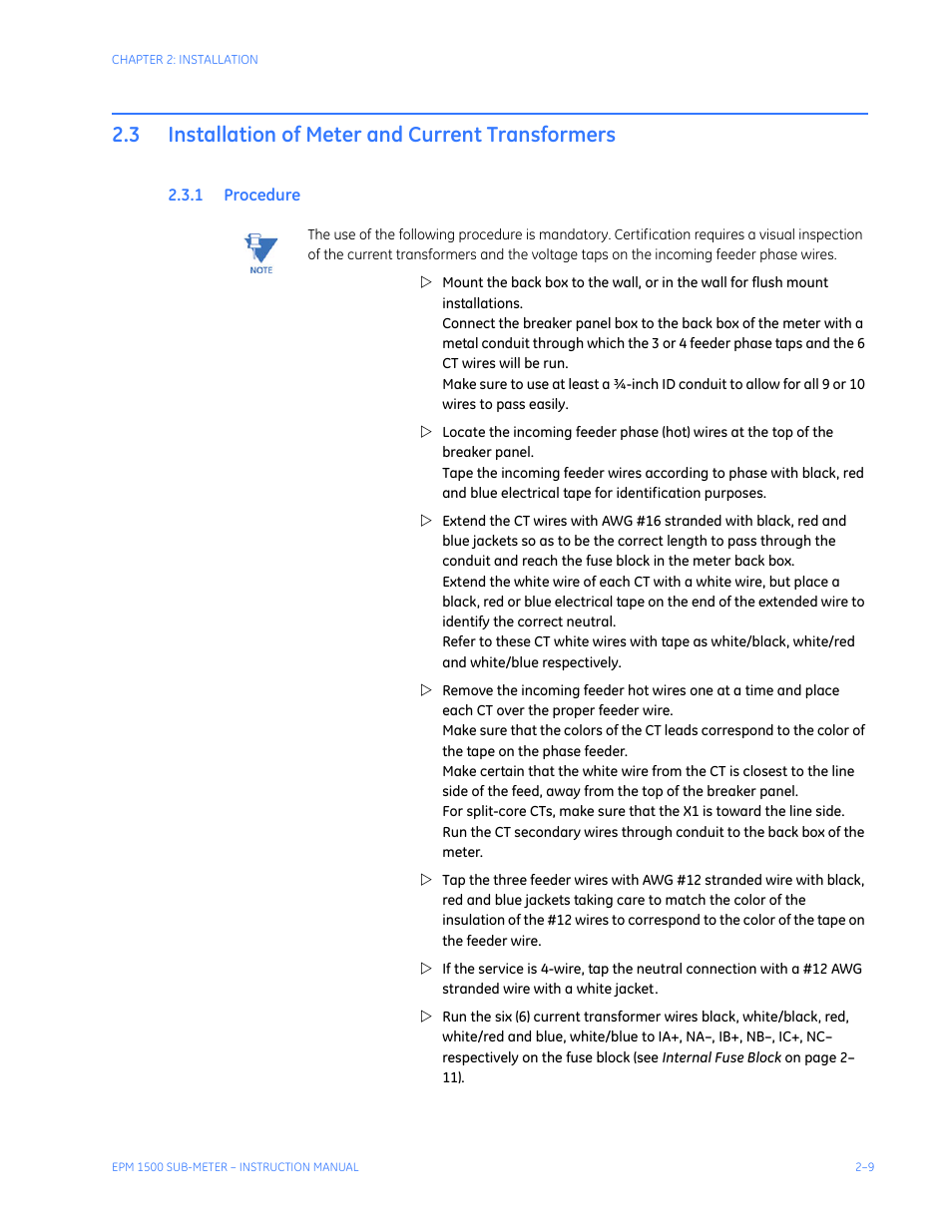 3 installation of meter and current transformers, 1 procedure, Installation of meter and current transformers -9 | Rocedure | GE Industrial Solutions EPM1500 Single Point Submetering System User Manual | Page 19 / 52