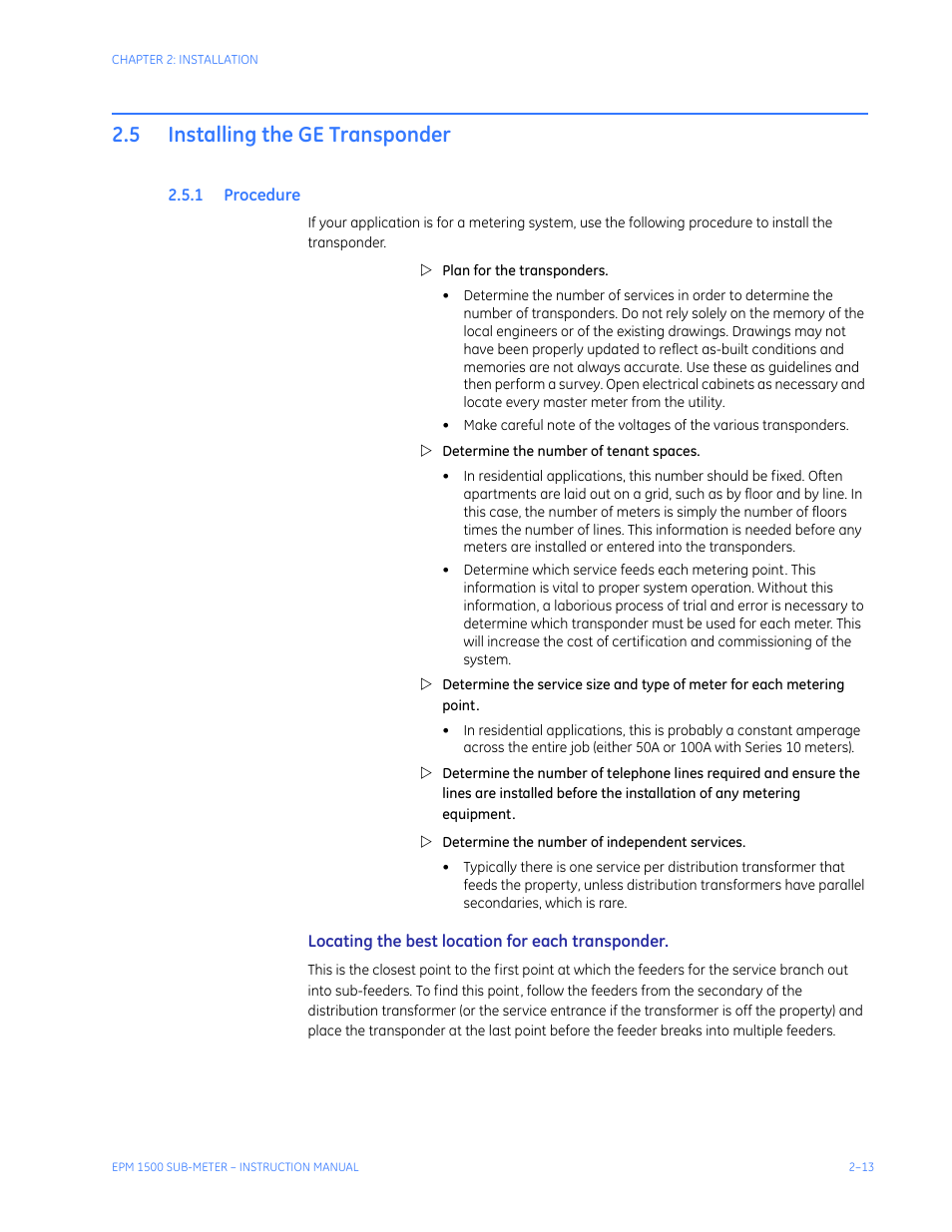 5 installing the ge transponder, 1 procedure, Installing the ge transponder -13 | Rocedure | GE Industrial Solutions EPM1500 Single Point Submetering System User Manual | Page 23 / 52