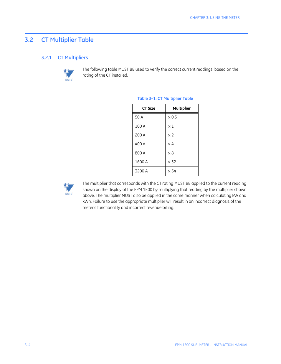 2 ct multiplier table, 1 ct multipliers, Ct multiplier table -4 | Ct m, Ultipliers | GE Industrial Solutions EPM1500 Single Point Submetering System User Manual | Page 28 / 52