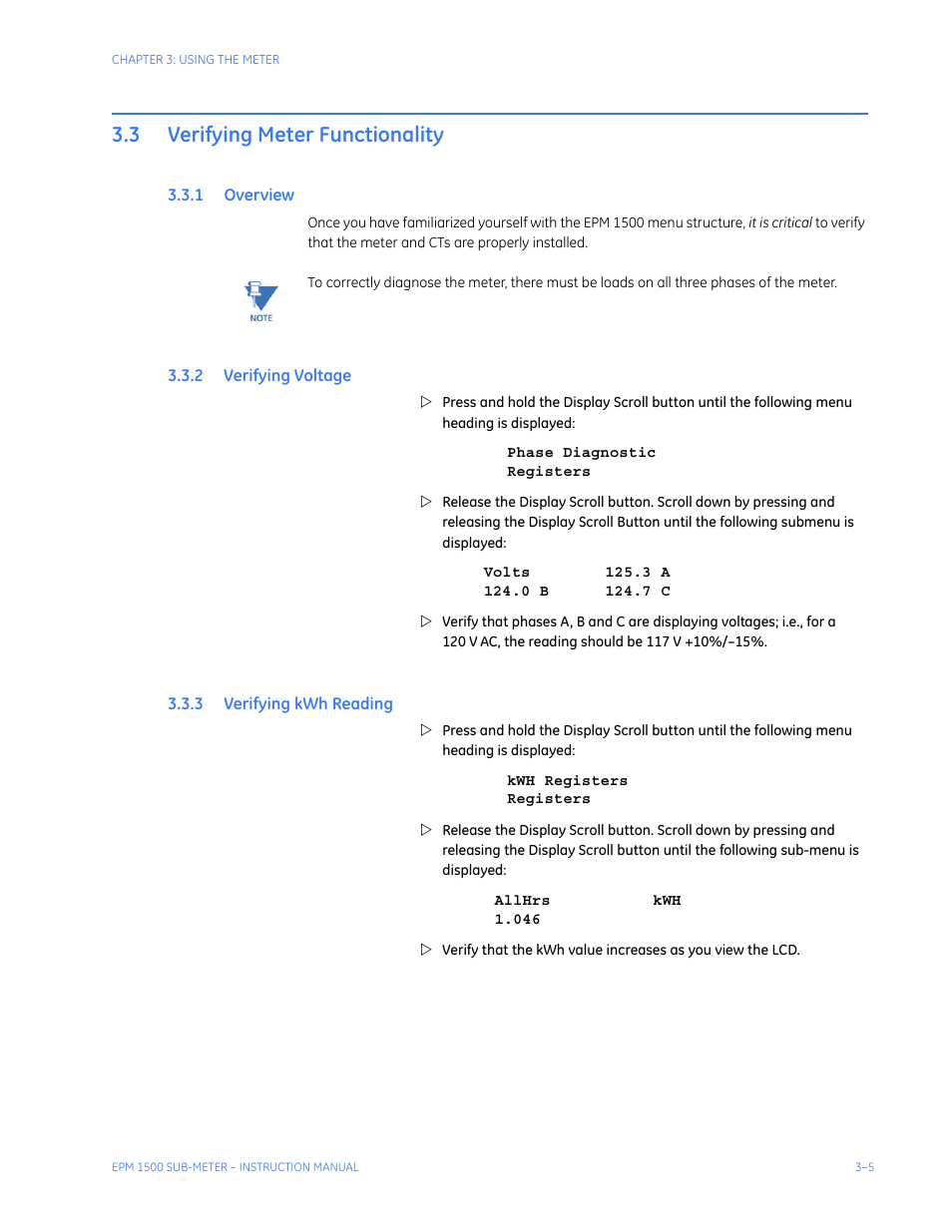 3 verifying meter functionality, 1 overview, 2 verifying voltage | 3 verifying kwh reading, Verifying meter functionality -5, Verview, Erifying, Oltage, Eading | GE Industrial Solutions EPM1500 Single Point Submetering System User Manual | Page 29 / 52