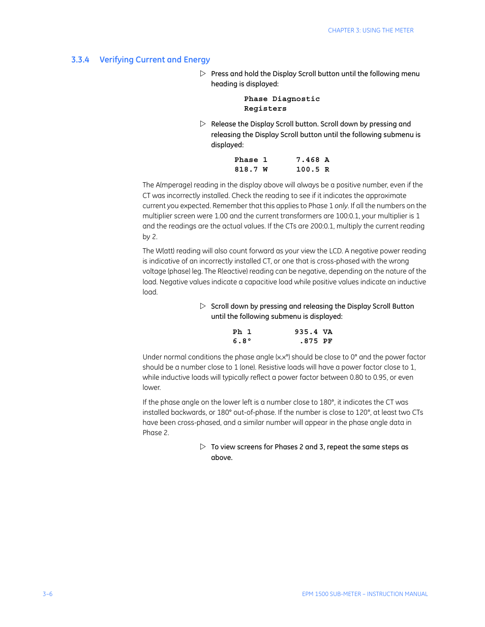 4 verifying current and energy, Erifying, Urrent | Nergy | GE Industrial Solutions EPM1500 Single Point Submetering System User Manual | Page 30 / 52