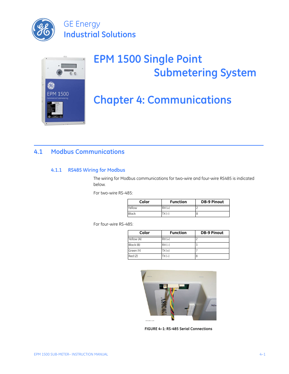 Communications, 1 modbus communications, 1 rs485 wiring for modbus | Modbus communications -1, Rs485 w, Iring, Odbus, Ge energy industrial solutions | GE Industrial Solutions EPM1500 Single Point Submetering System User Manual | Page 33 / 52