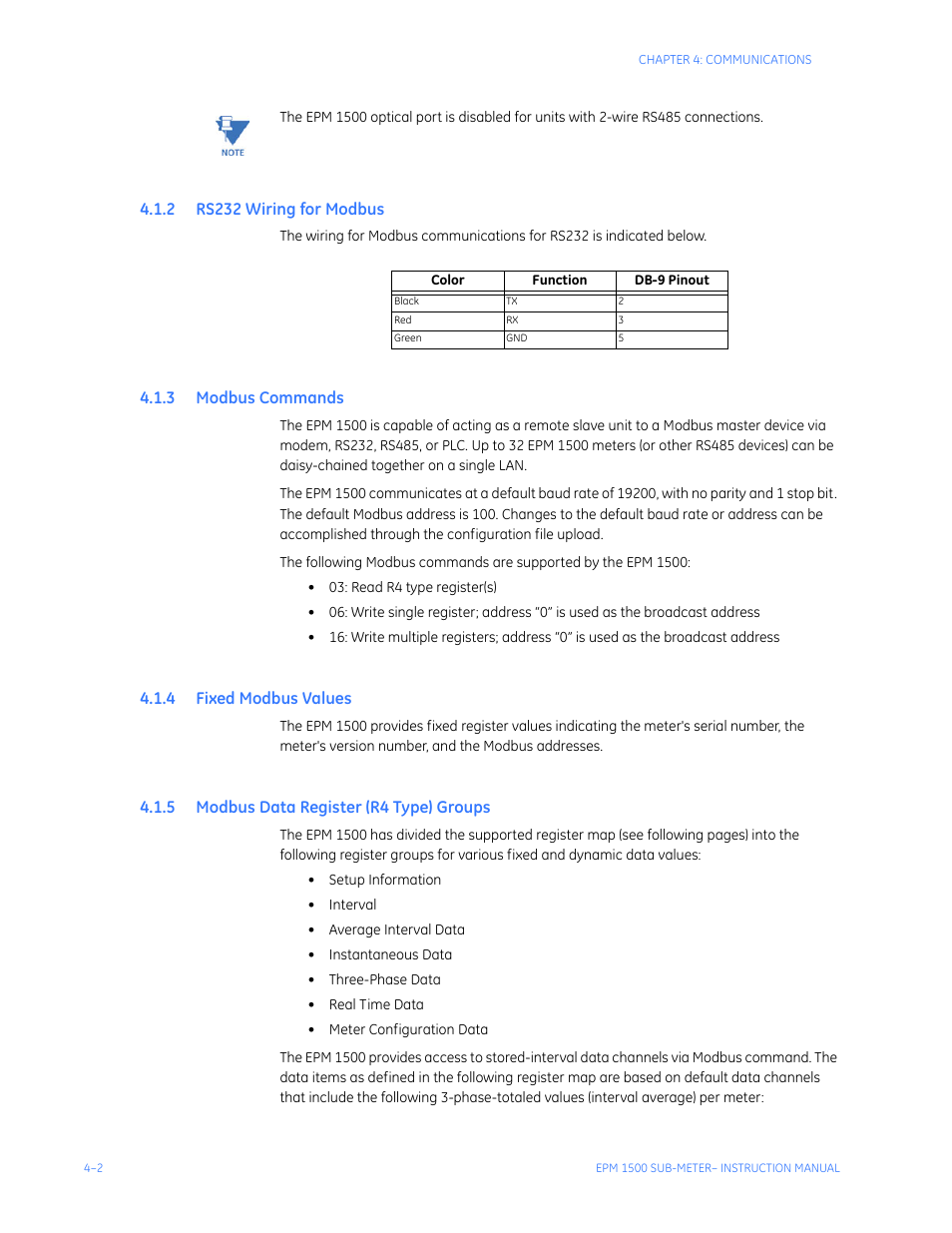 2 rs232 wiring for modbus, 3 modbus commands, 4 fixed modbus values | 5 modbus data register (r4 type) groups, Rs232 w, Iring, Odbus, Ommands, Ixed, Alues | GE Industrial Solutions EPM1500 Single Point Submetering System User Manual | Page 34 / 52