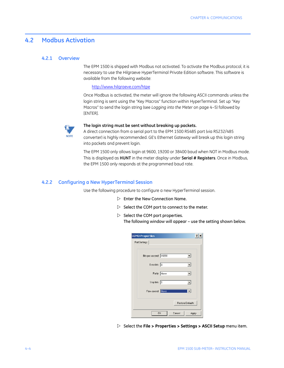 2 modbus activation, 1 overview, 2 configuring a new hyperterminal session | Modbus activation -4, Verview, Onfiguring, Yper, Erminal, Ession | GE Industrial Solutions EPM1500 Single Point Submetering System User Manual | Page 36 / 52