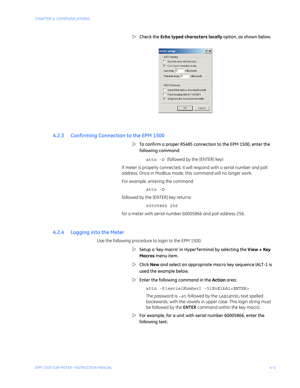 3 confirming connection to the epm 1500, 4 logging into the meter, Onfirming | Onnection, Epm 1500 -5, Ogging, Into, Eter | GE Industrial Solutions EPM1500 Single Point Submetering System User Manual | Page 37 / 52