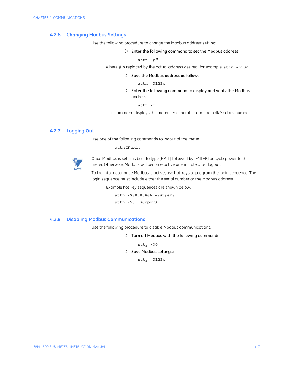 6 changing modbus settings, 7 logging out, 8 disabling modbus communications | Hanging, Odbus, Ettings, Ogging, Isabling, Ommunications | GE Industrial Solutions EPM1500 Single Point Submetering System User Manual | Page 39 / 52