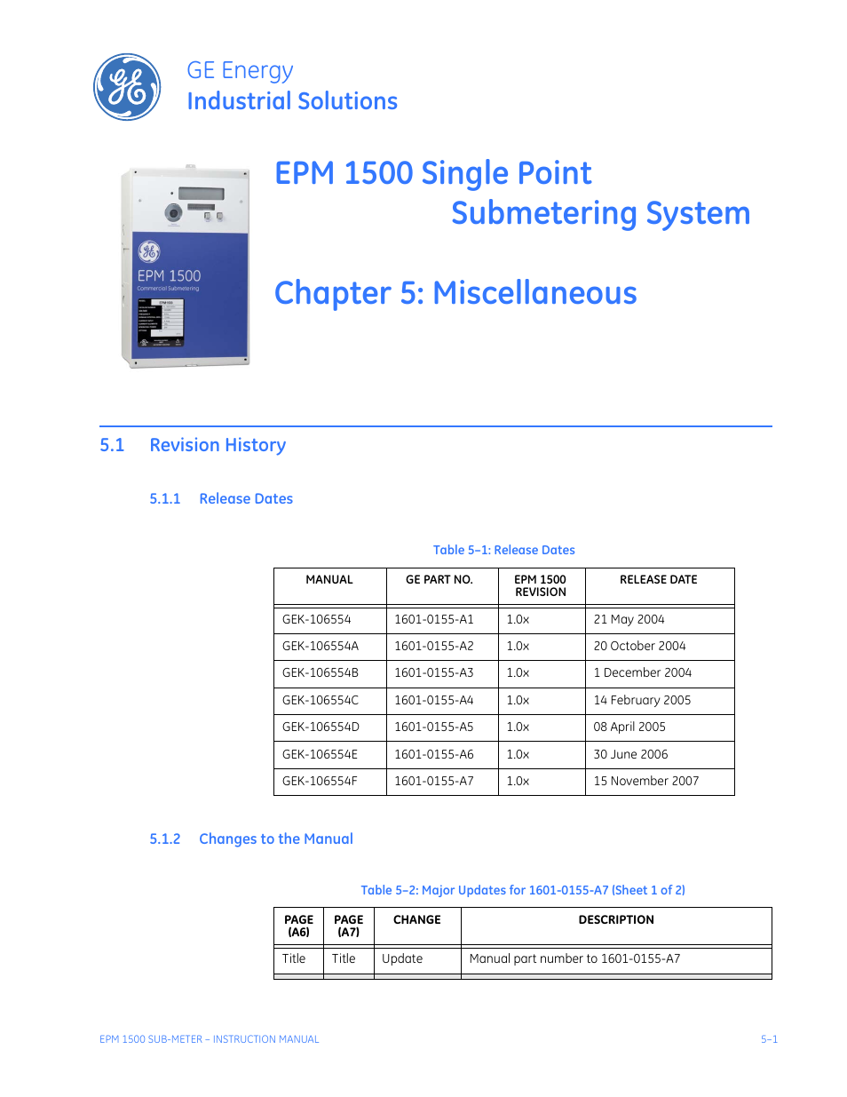 Miscellaneous, 1 revision history, 1 release dates | 2 changes to the manual, Revision history -1, Elease, Ates, Hanges, Anual, Ge energy industrial solutions | GE Industrial Solutions EPM1500 Single Point Submetering System User Manual | Page 45 / 52