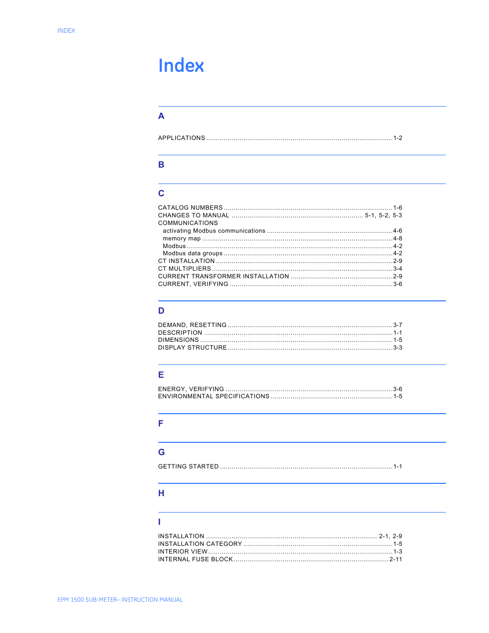 Index | GE Industrial Solutions EPM1500 Single Point Submetering System User Manual | Page 49 / 52