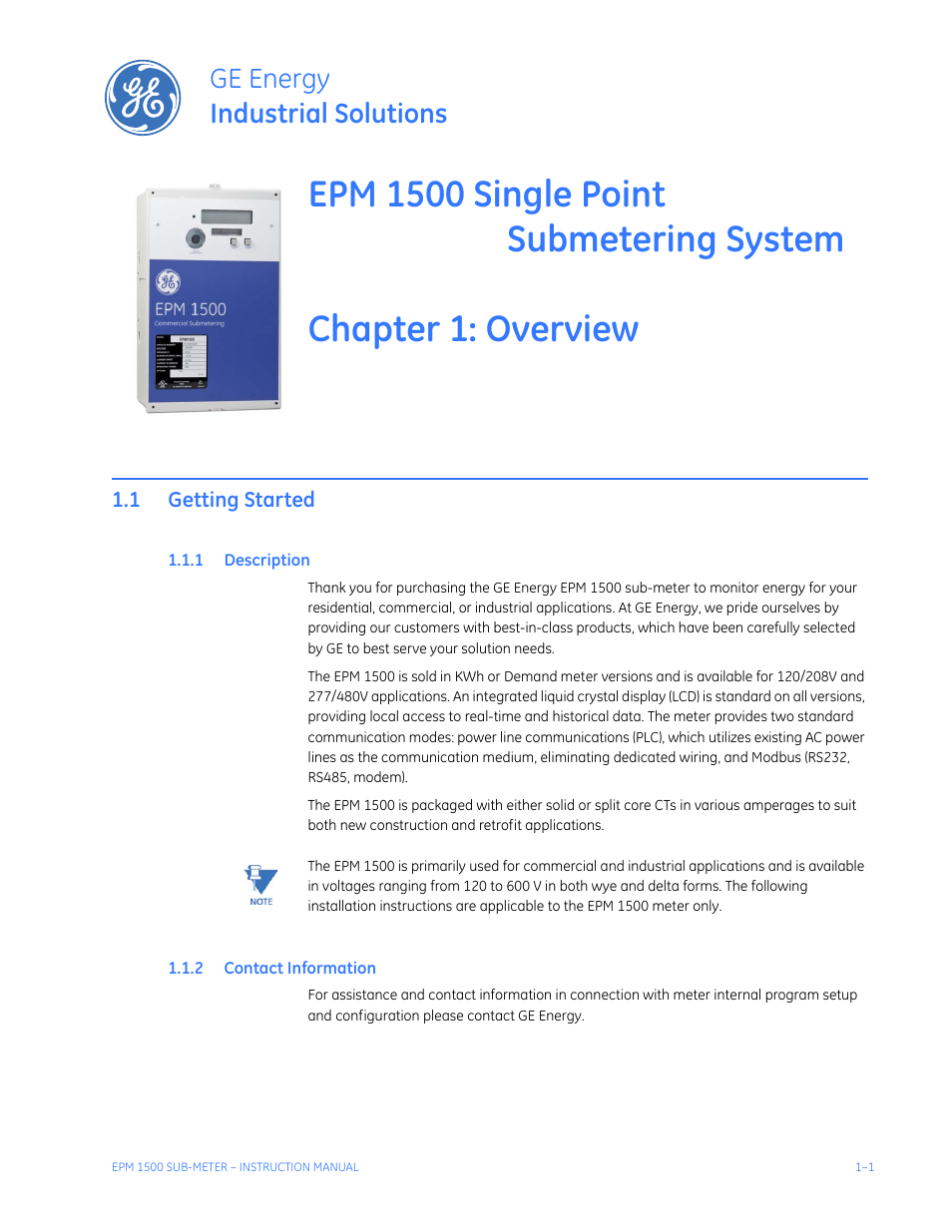 Overview, 1 getting started, 1 description | 2 contact information, Getting started -1, Escription, Ontact, Nformation, Ge energy industrial solutions | GE Industrial Solutions EPM1500 Single Point Submetering System User Manual | Page 5 / 52