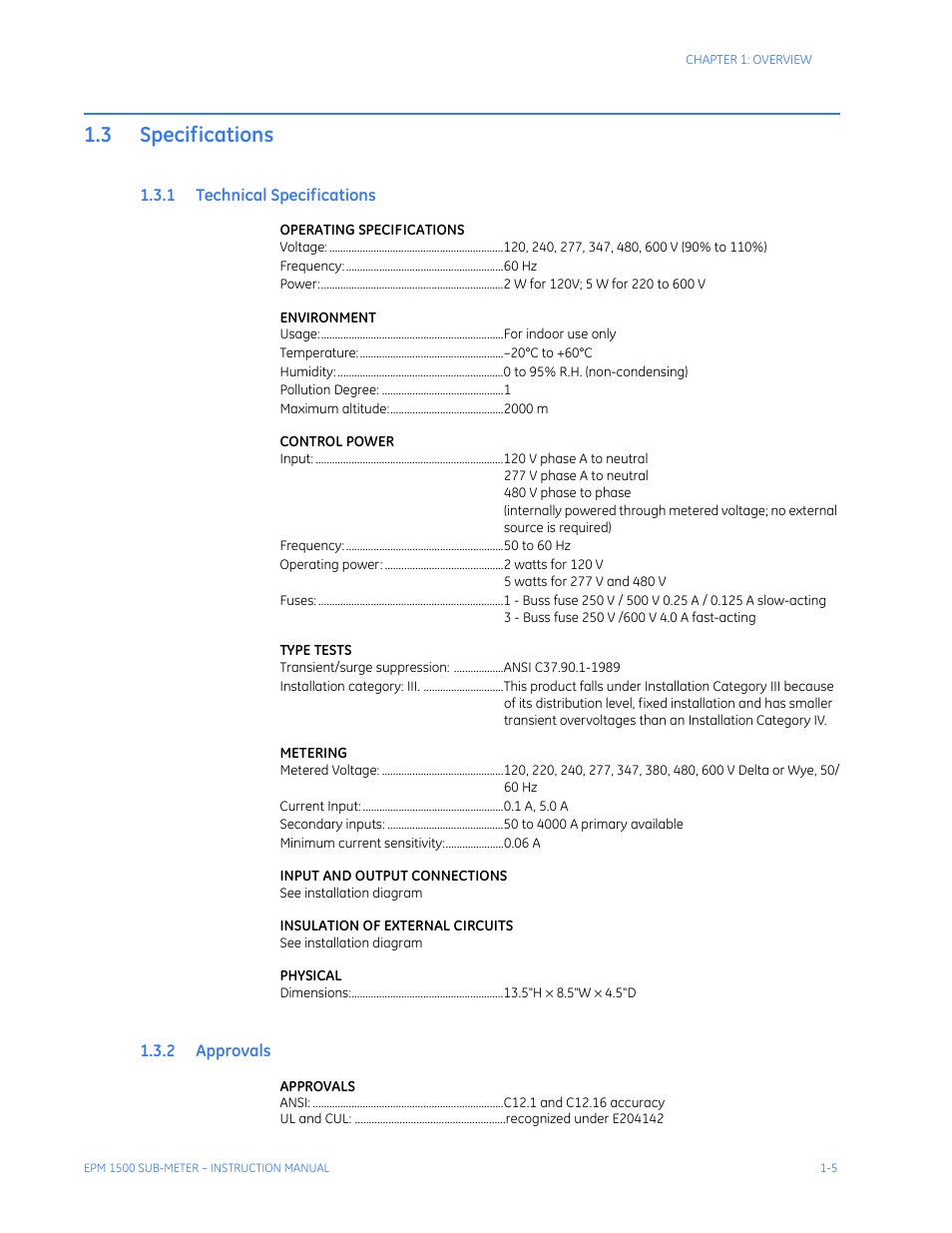 3 specifications, 1 technical specifications, 2 approvals | Specifications -5, Echnical, Pecifications, Pprovals | GE Industrial Solutions EPM1500 Single Point Submetering System User Manual | Page 9 / 52