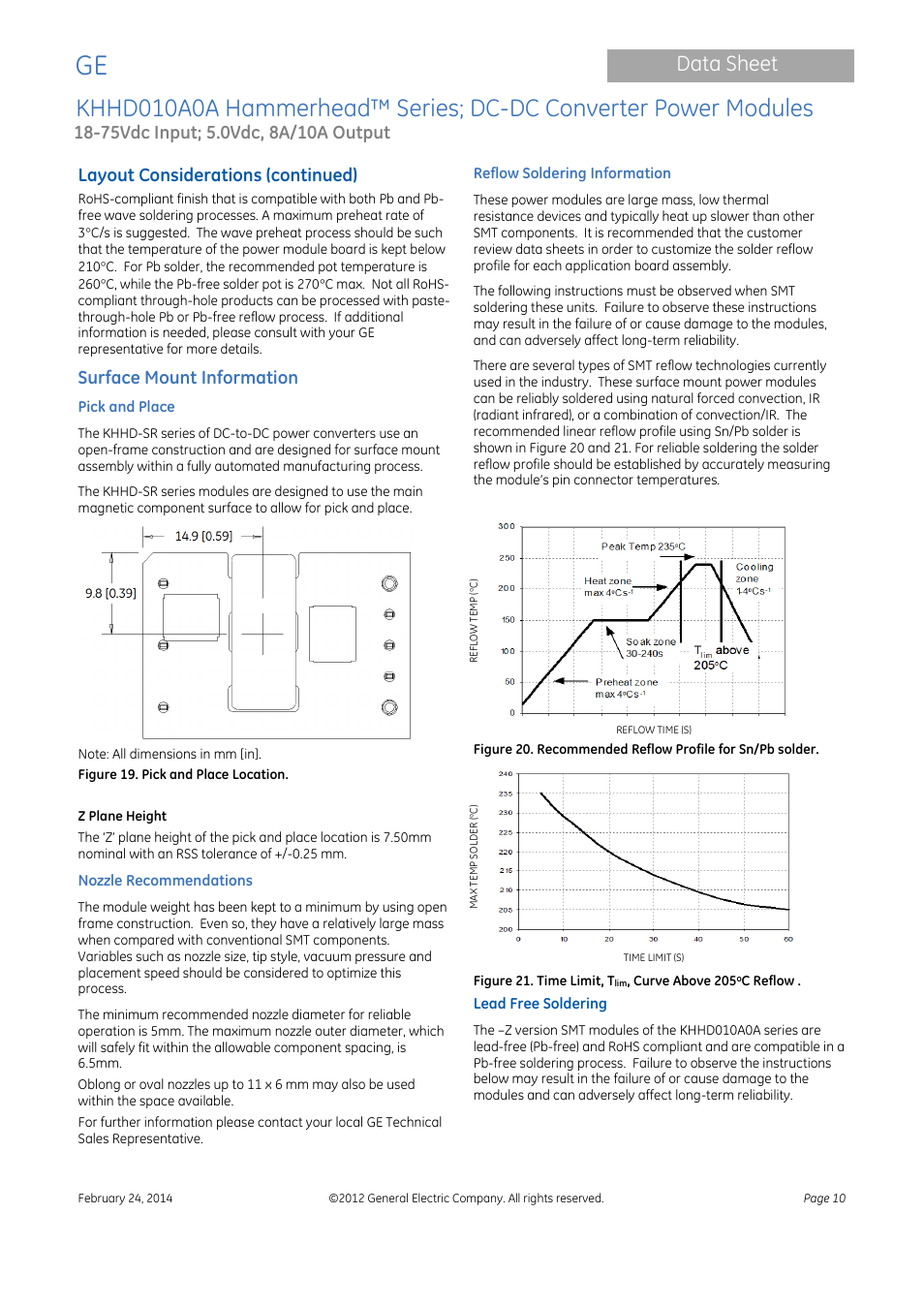Data sheet, Layout considerations (continued), Surface mount information | GE Industrial Solutions KHHD010A0A Hammerhead Series User Manual | Page 10 / 16
