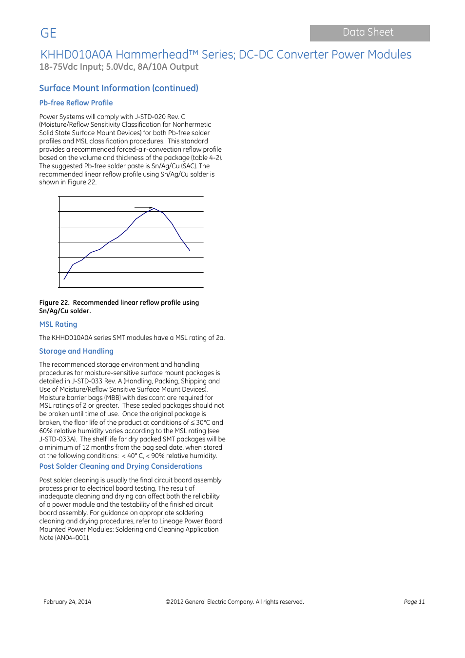 Data sheet, Surface mount information (continued) | GE Industrial Solutions KHHD010A0A Hammerhead Series User Manual | Page 11 / 16