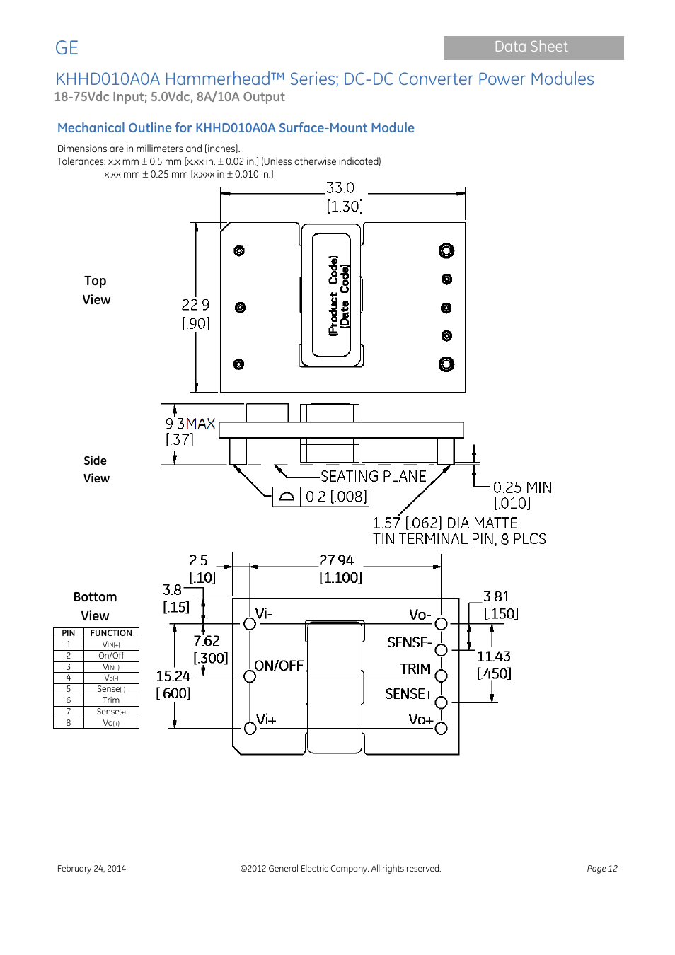 Data sheet, Top view, Bottom view | GE Industrial Solutions KHHD010A0A Hammerhead Series User Manual | Page 12 / 16