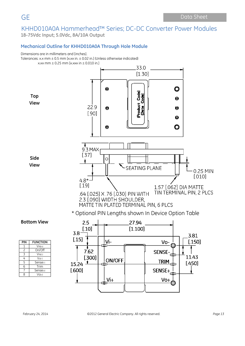 Data sheet, Optional pin lengths shown in device option table, Top view | Side view, Bottom view | GE Industrial Solutions KHHD010A0A Hammerhead Series User Manual | Page 13 / 16