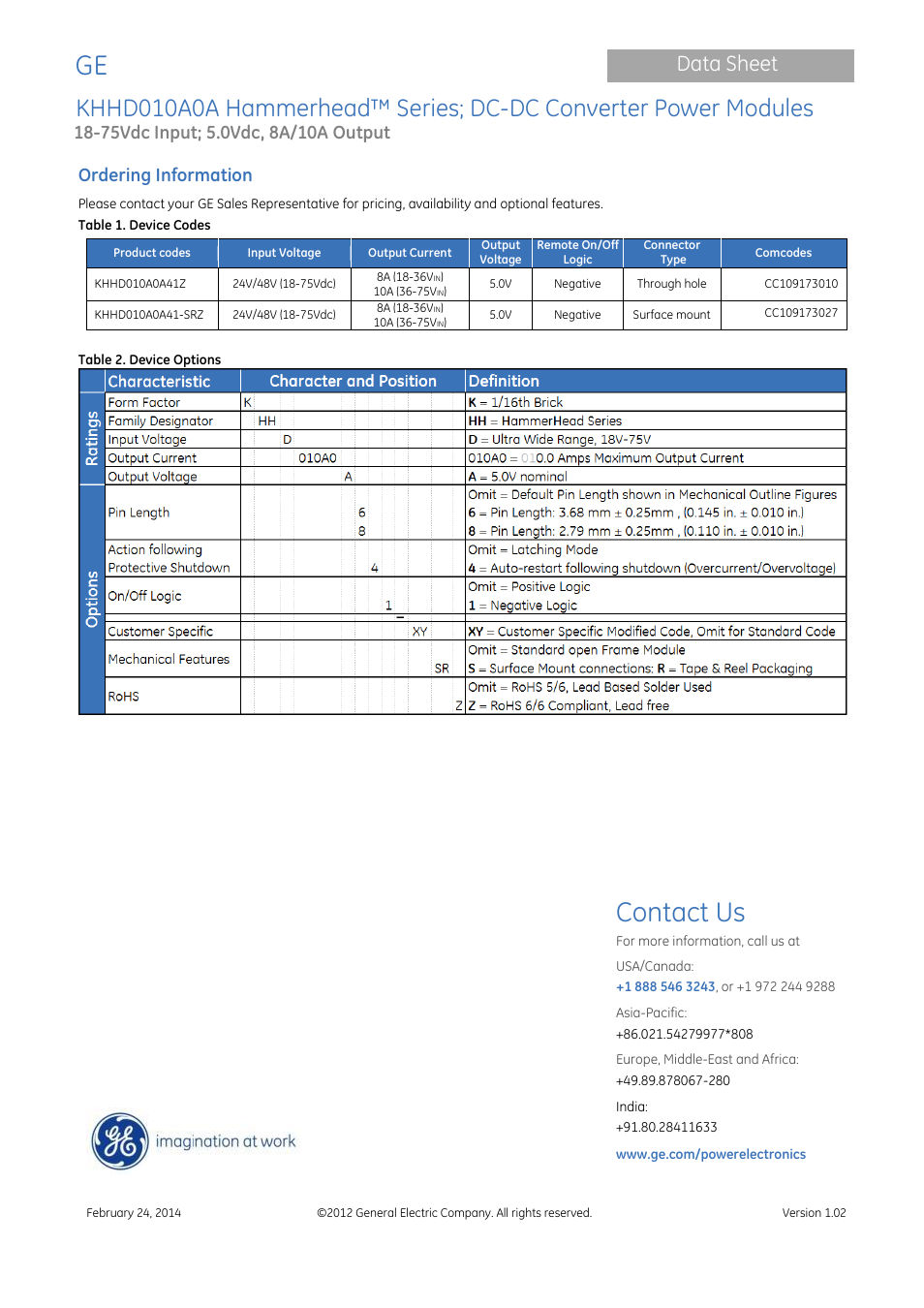 Contact us, Data sheet, Ordering information | GE Industrial Solutions KHHD010A0A Hammerhead Series User Manual | Page 16 / 16