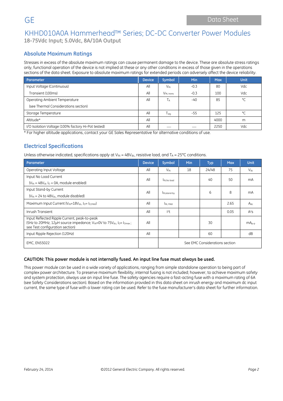 Data sheet, Absolute maximum ratings, Electrical specifications | GE Industrial Solutions KHHD010A0A Hammerhead Series User Manual | Page 2 / 16
