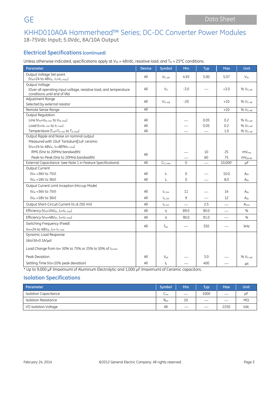 Data sheet, Electrical specifications, Isolation specifications | GE Industrial Solutions KHHD010A0A Hammerhead Series User Manual | Page 3 / 16