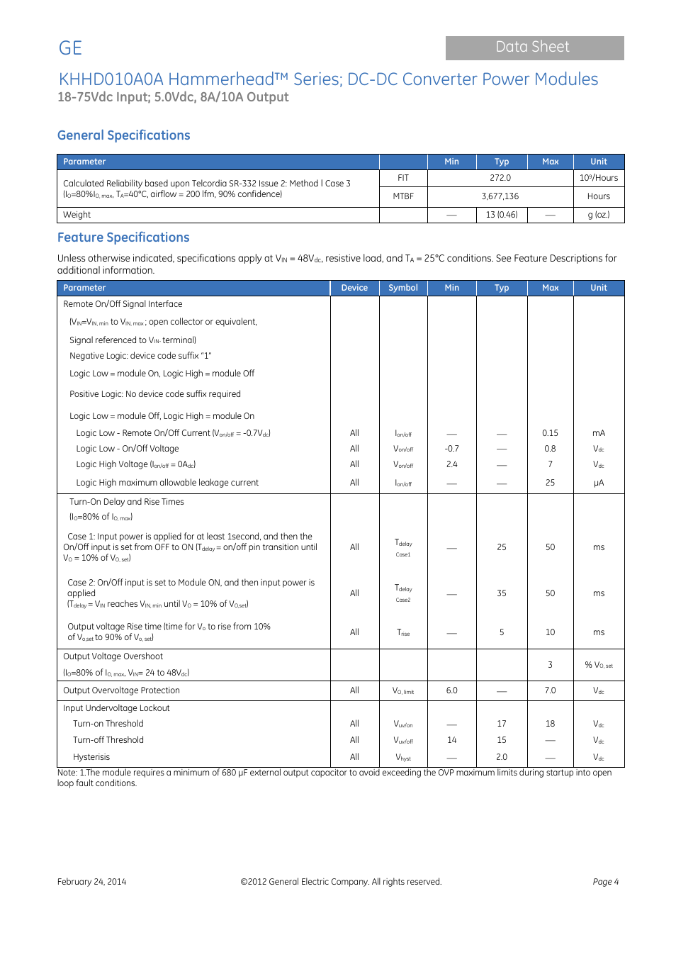 Data sheet, General specifications, Feature specifications | GE Industrial Solutions KHHD010A0A Hammerhead Series User Manual | Page 4 / 16